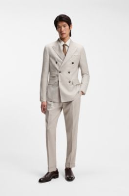 Camicia slim fit in cotone, lino e seta italiana, Beige a motivi