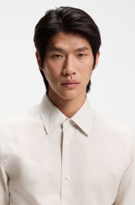 Slim-fit shirt in Italian-made cotton, linen and silk, Beige Stripes