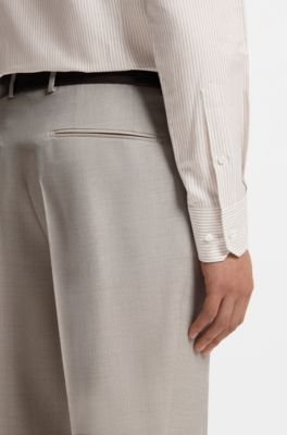 Slim-fit shirt in Italian-made cotton, linen and silk, Beige Stripes