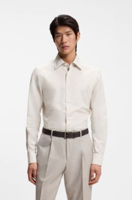 Slim-fit shirt in Italian-made cotton, linen and silk, Beige Stripes
