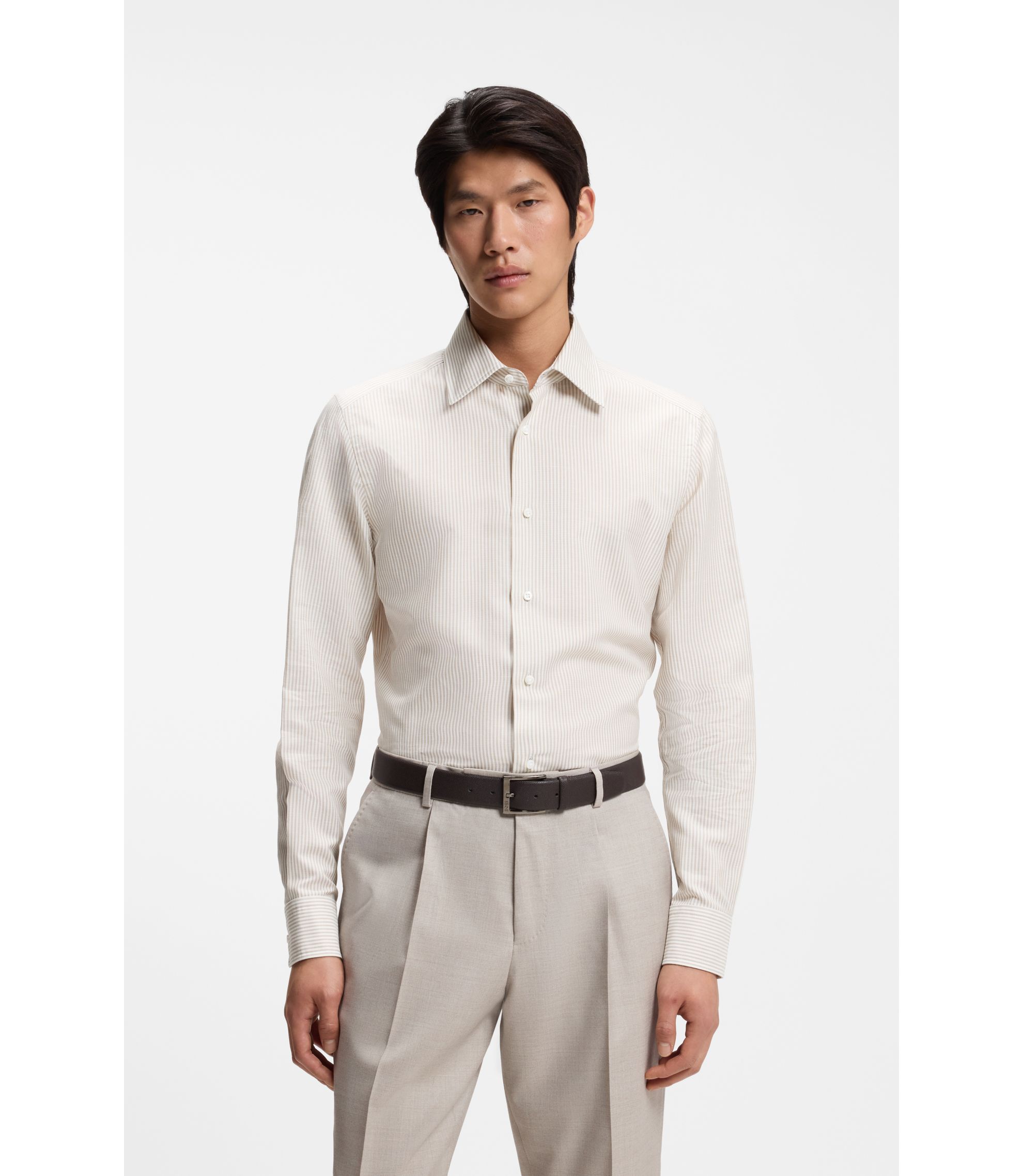 Slim-Fit Hemd aus in Italien gefertigter Baumwolle, Leinen und Seide