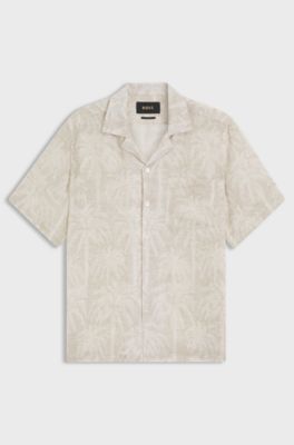Regular-fit shirt in palm-print Italian linen, Beige Patterned