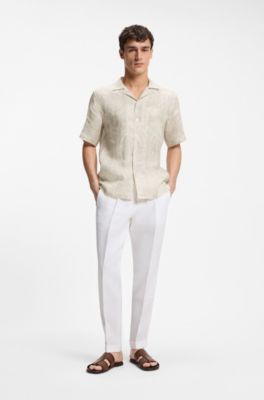 Regular-fit shirt in palm-print Italian linen, Beige Patterned