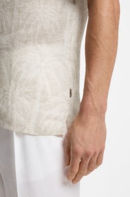 Regular-fit shirt in palm-print Italian linen, Beige Patterned