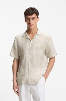 Regular-fit shirt in palm-print Italian linen, Beige Patterned