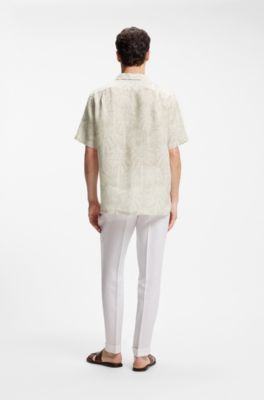 Regular-fit shirt in palm-print Italian cotton, Beige Patterned