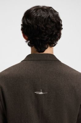 HUGO x RB by Slawn colbert van een wolmix met visgraatdessin en print, Bruin met dessin