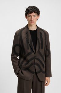 HUGO x RB by Slawn colbert van een wolmix met visgraatdessin en print, Bruin