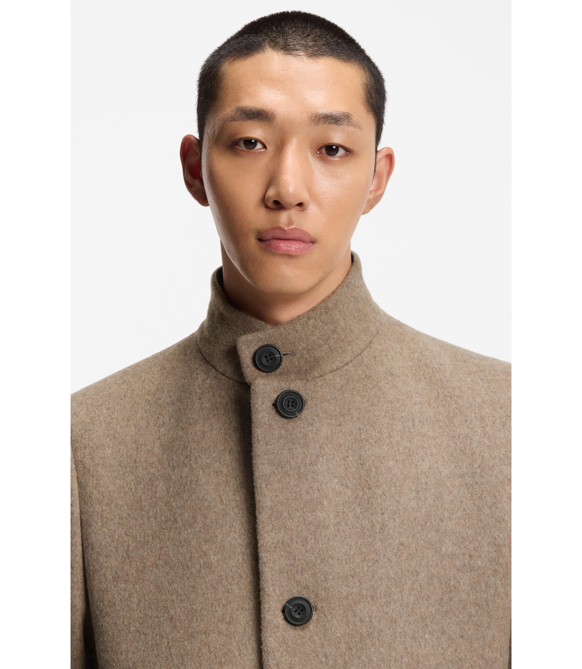 HUGO - ウールブレンド コート スタンドカラー - ベージュ