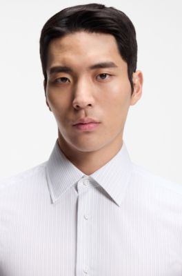 Slim-fit shirt in striped Italian-made cotton, White Stripes