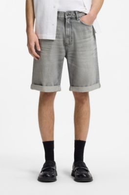 Relaxed-tapered-fit shorts in stonewashed grey denim, Grey