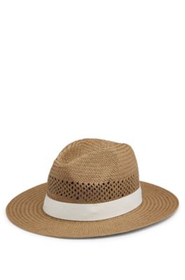 Raffia Panama hat with Double B monogram, Dark Brown