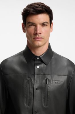 Porsche x BOSS regular-fit shirt-jacket in nappa leather, Black