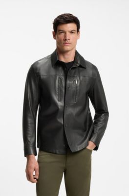 Porsche x BOSS regular-fit shirt-jacket in nappa leather, Black