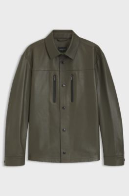 Porsche x BOSS Regular-Fit Hemd-Jacke aus Nappaleder, Olive