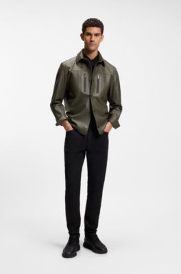 Porsche x BOSS Regular-Fit Hemd-Jacke aus Nappaleder, Olive