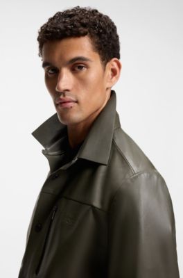 Porsche x BOSS regular-fit shirt-jacket in nappa leather, Olive