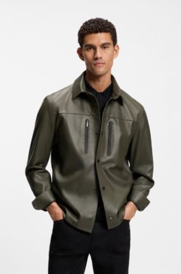 Porsche x BOSS regular-fit shirt-jacket in nappa leather, Olive