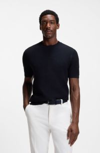 Cotton sweater with knitted structure, Dark Blue