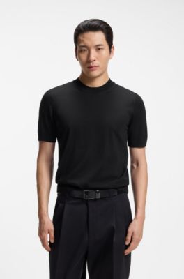 Short-sleeved knit T-shirt in merino wool, Black