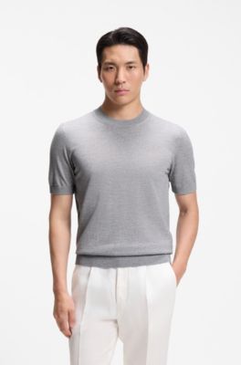 Short-sleeved knit T-shirt in merino wool, Light Grey