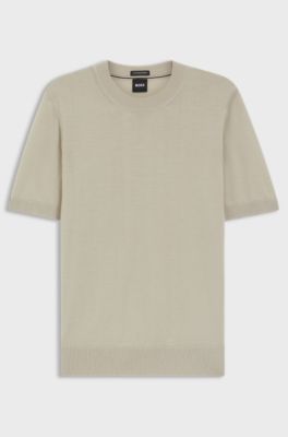 Gebreid T-shirt met korte mouwen van merinowol, Lichtbeige