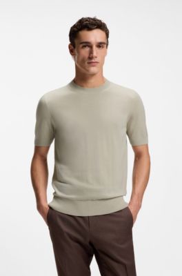 Short-sleeved knit T-shirt in merino wool, Light Beige