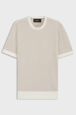 Short-sleeved structured-knit sweater in silk and cotton, Light Beige