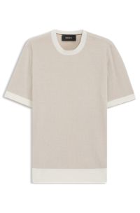 Short-sleeved structured-knit sweater in silk and cotton, Light Beige