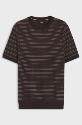 Cotton-blend knit T-shirt with horizontal stripe, Dark Brown
