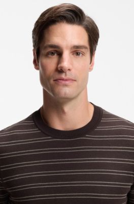 Cotton-blend knit T-shirt with horizontal stripe, Dark Brown