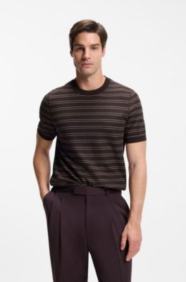 Cotton-blend knit T-shirt with horizontal stripe, Dark Brown