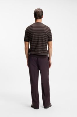 Cotton-blend sweater with horizontal stripe, Dark Brown