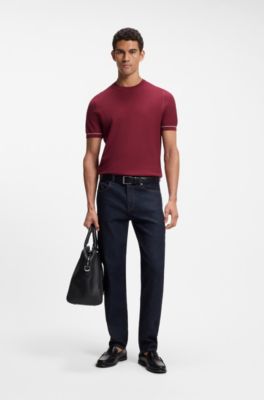 Cotton-blend sweater with horizontal stripe, Red