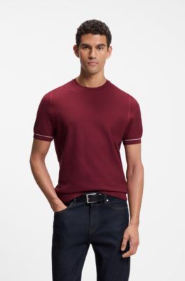 Cotton-blend sweater with horizontal stripe, Red