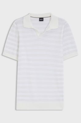 Cotton-blend knit polo with horizontal stripe, White