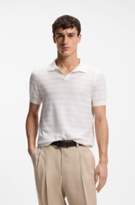 Cotton-blend knit polo with horizontal stripe, White