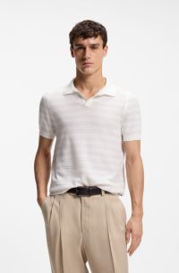 Cotton-blend knit polo with horizontal stripe, White