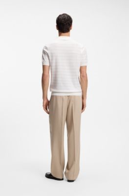 Cotton-blend knit polo with horizontal stripe, White