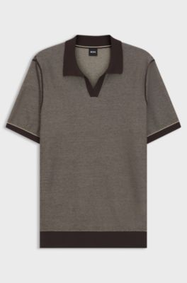 Cotton-blend knit polo with horizontal stripe, Brown