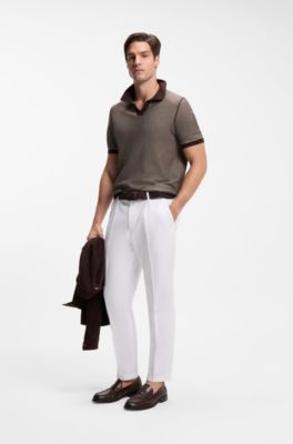 Cotton-blend knit polo with horizontal stripe, Brown