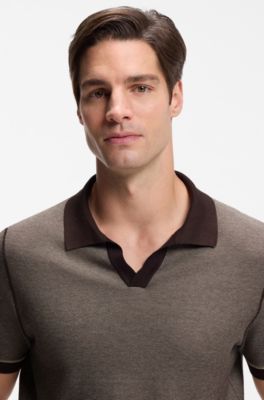 Cotton-blend knit polo with horizontal stripe, Brown