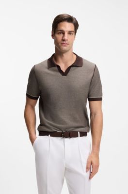 Cotton-blend knit polo with horizontal stripe, Brown