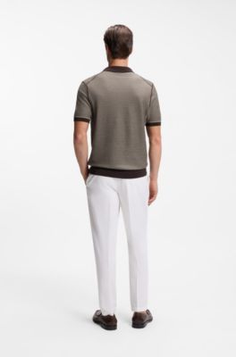 Cotton-blend knit polo with horizontal stripe, Brown