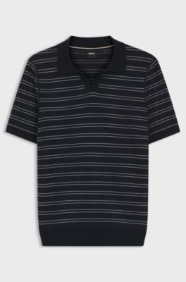 Cotton-blend knit polo with horizontal stripe, Dark Blue