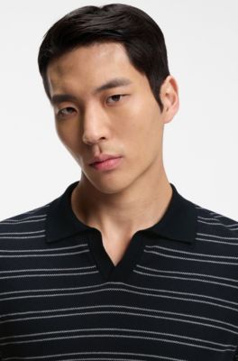 Cotton-blend knit polo with horizontal stripe, Dark Blue