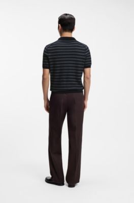 Cotton-blend knit polo with horizontal stripe, Dark Blue