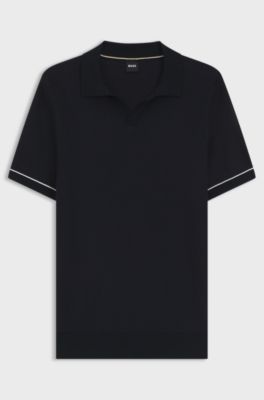 Cotton-blend knit polo with horizontal stripe, Dark Blue
