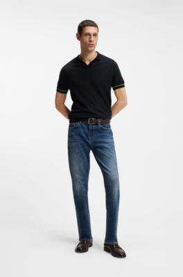 Cotton-blend knit polo with horizontal stripe, Dark Blue