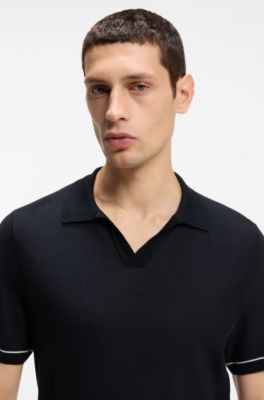Cotton-blend knit polo with horizontal stripe, Dark Blue
